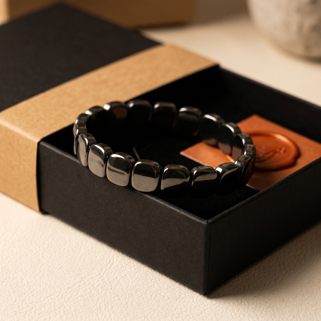 CAIRN bracelet in a black gift box with wax seal
