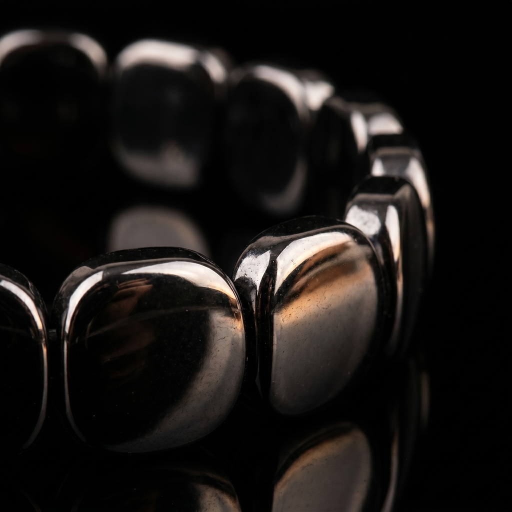 Macro close-up of polished matte hematite beads
