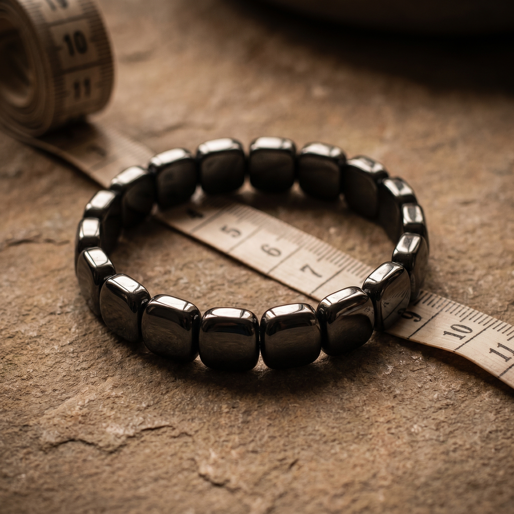 CAIRN bracelet next to a tape measure showing one-size fit