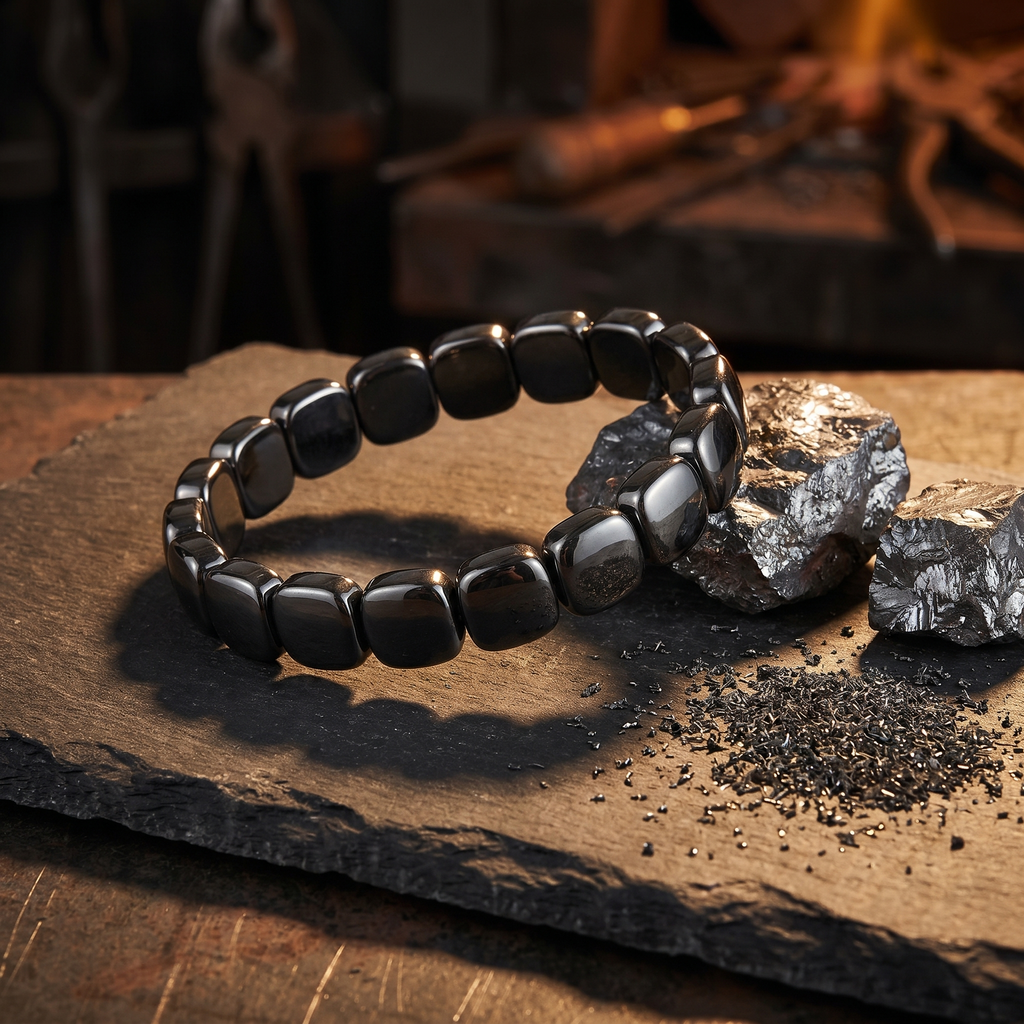 CAIRN bracelet beside raw hematite stone