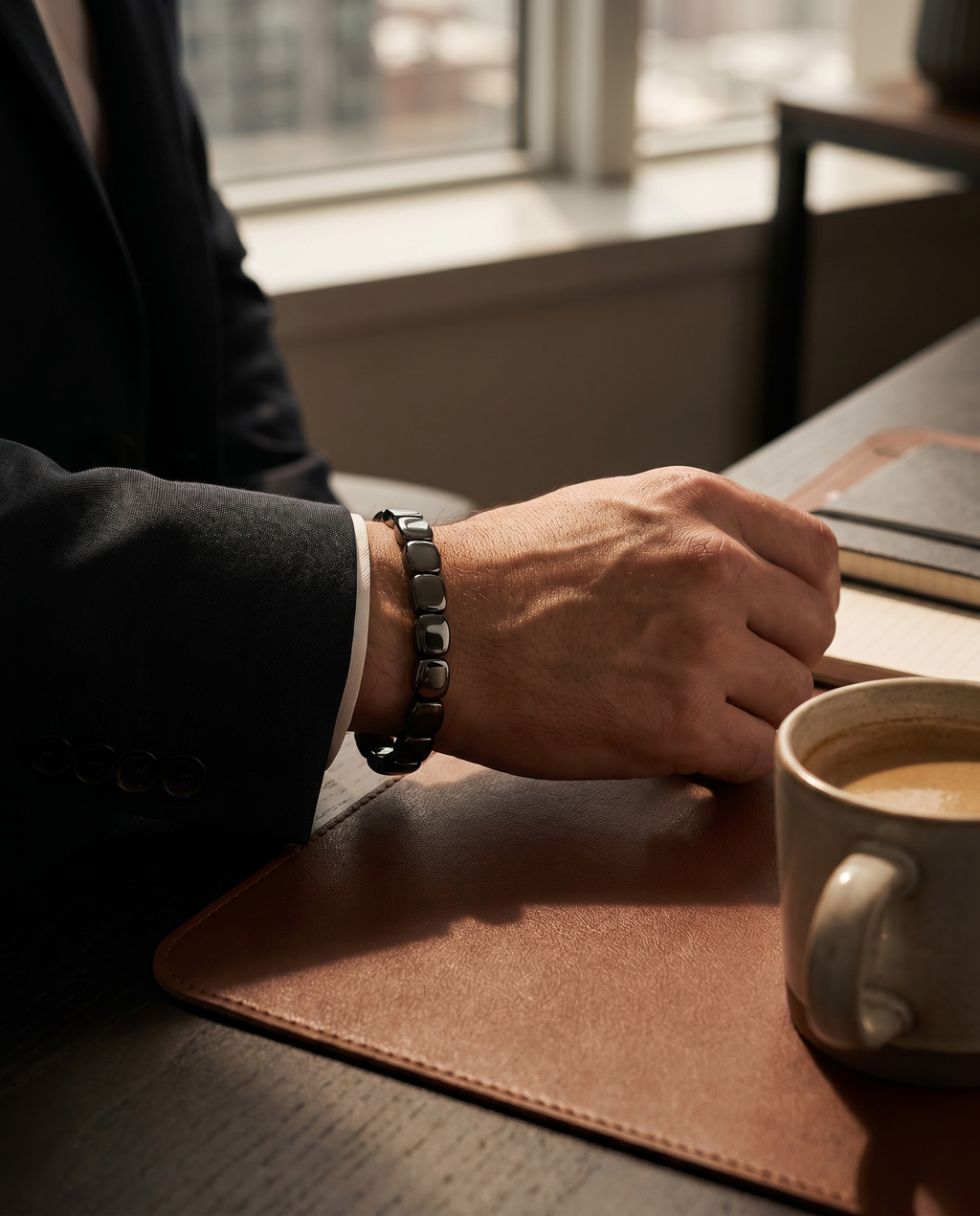 CAIRN bracelet worn with a suit beside a coffee