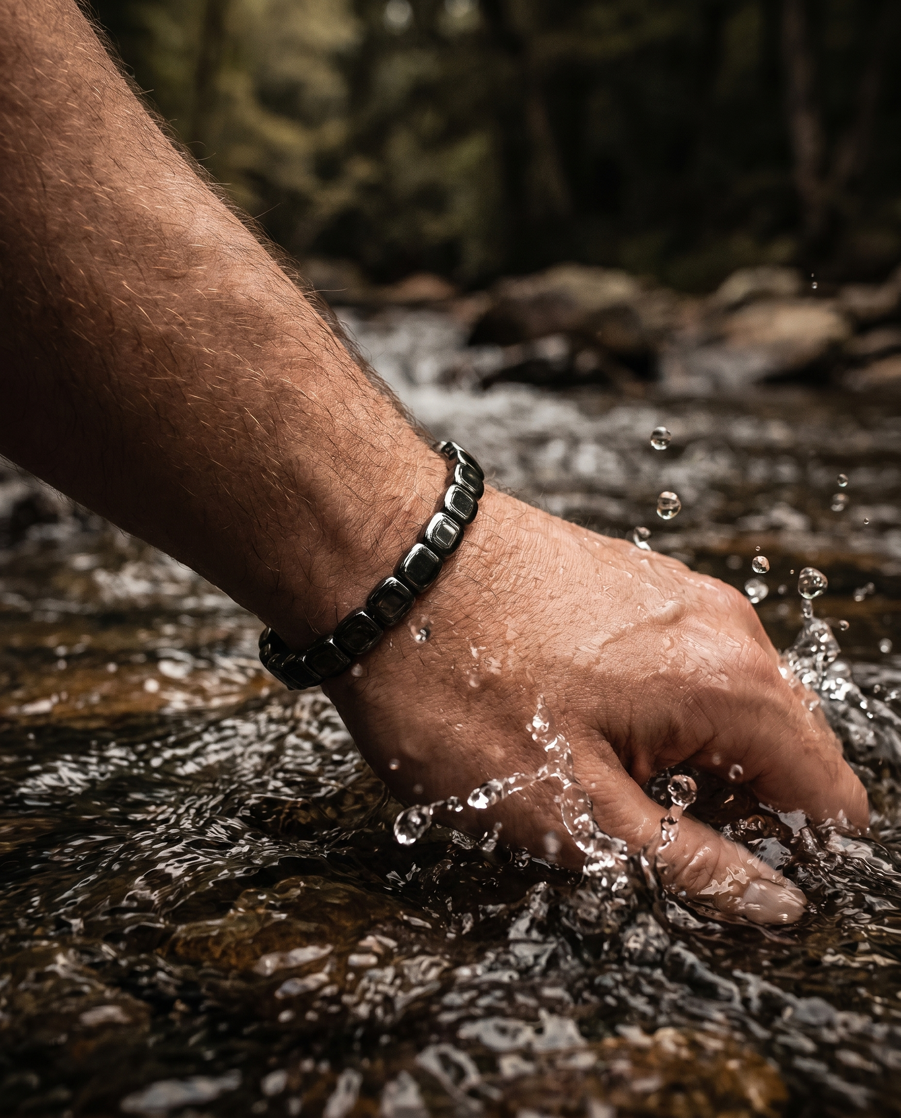 CAIRN bracelet on a wrist in river water, showing it is waterproof